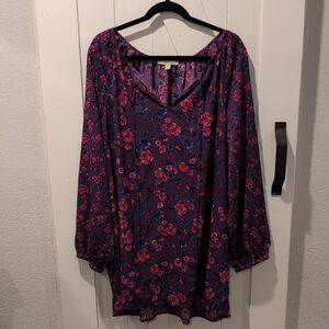 Woman Within 1X Floral Tunic Blouse in Plum Purple with Pink and Blue Flowers